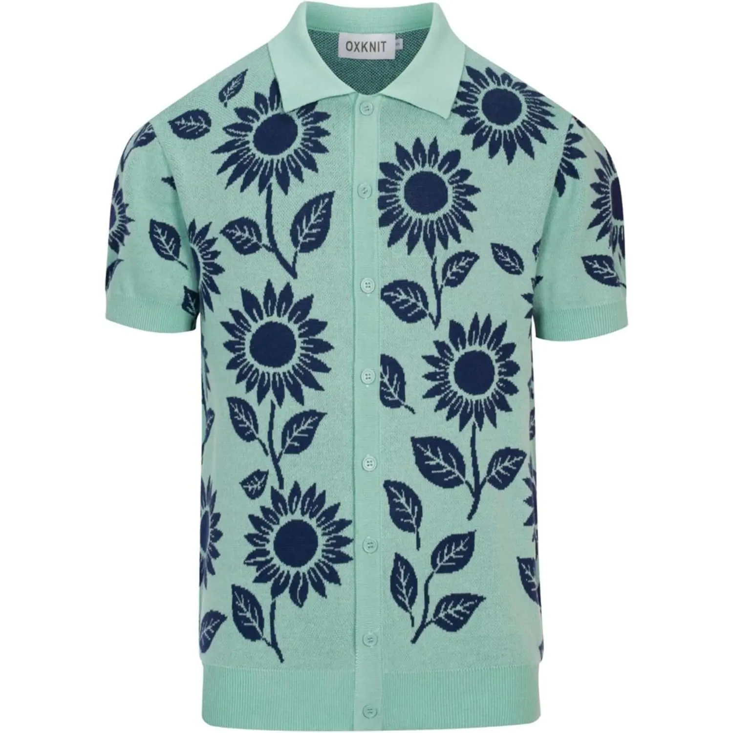 OXKNIT Men's Classic Traditional Floral Sunflower Pattern Short-Sleeve Button-Down Shirt - Breathable Casual Vintage Blue, Green Cotton Garments