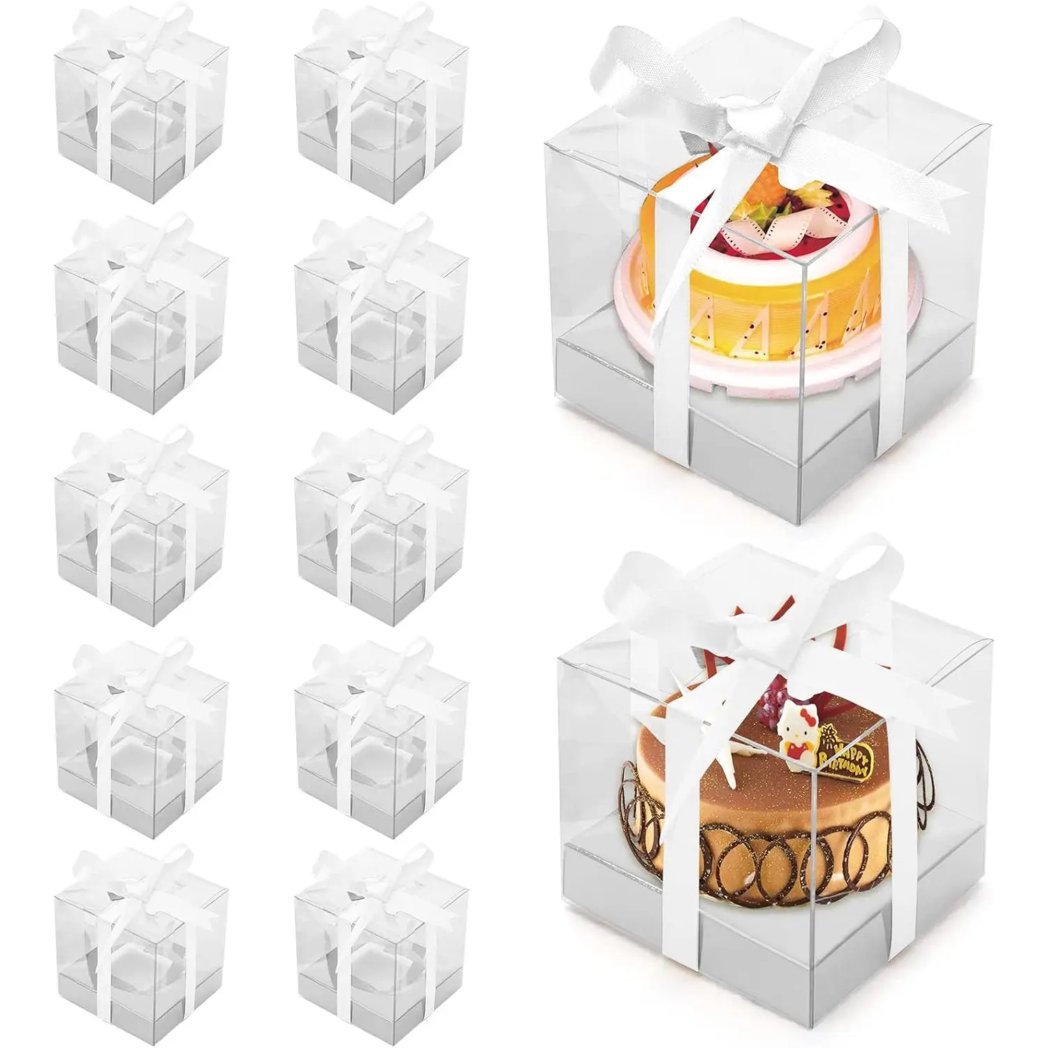 12 Pack Clear Plastic Cupcake Boxes, 3.5 Inch  Single Cupcake Containers Disposable Individual Cupcake Carrier Holder Box with Inserts and Ribbon Clear Boxes for Cupcakes ()
