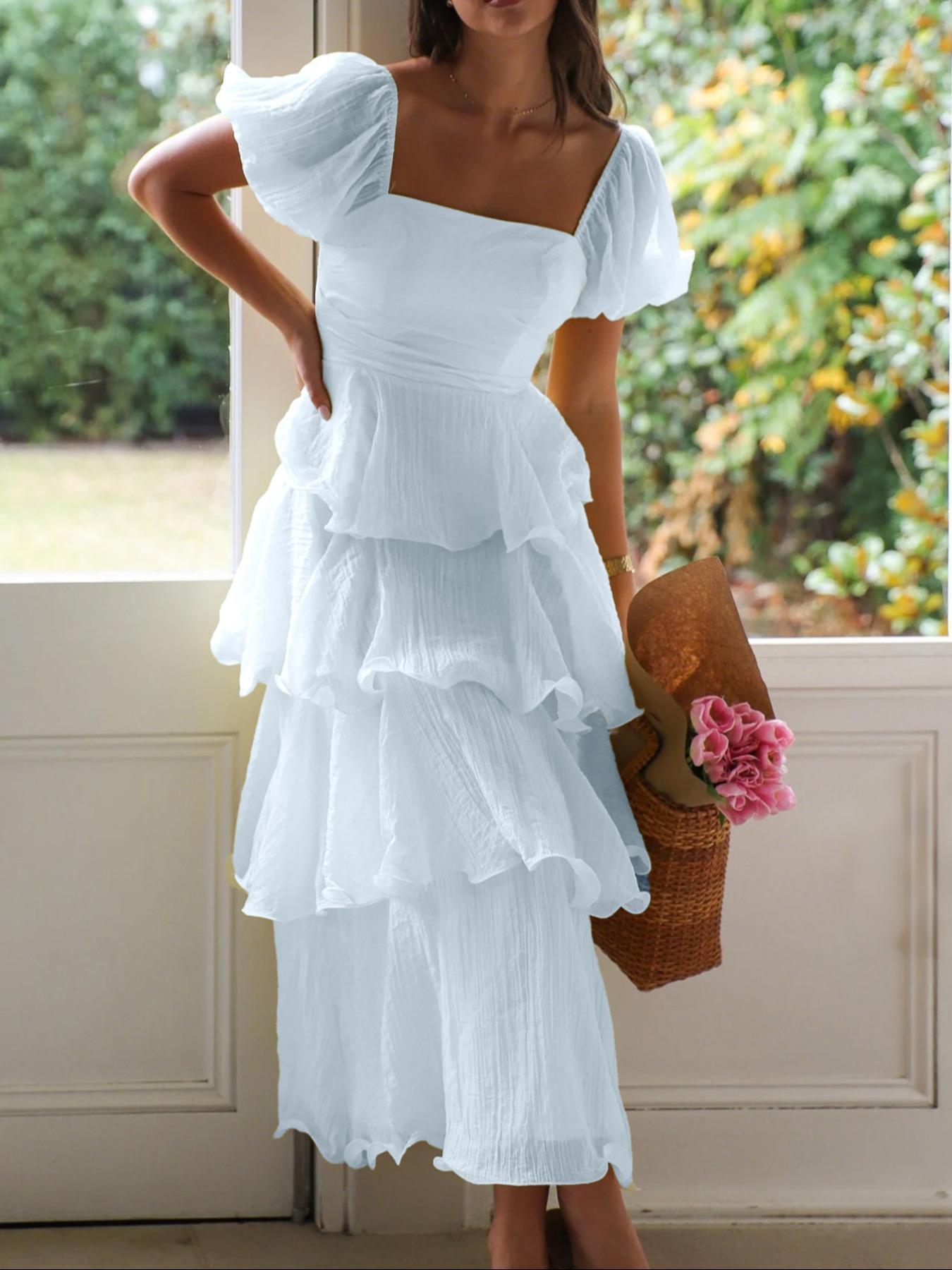 Elegant French Style Square Neck Bubble Sleeve Backless Layered Midi Dress, Casual Fitted Plain Design, Perfect for Vacation Wear