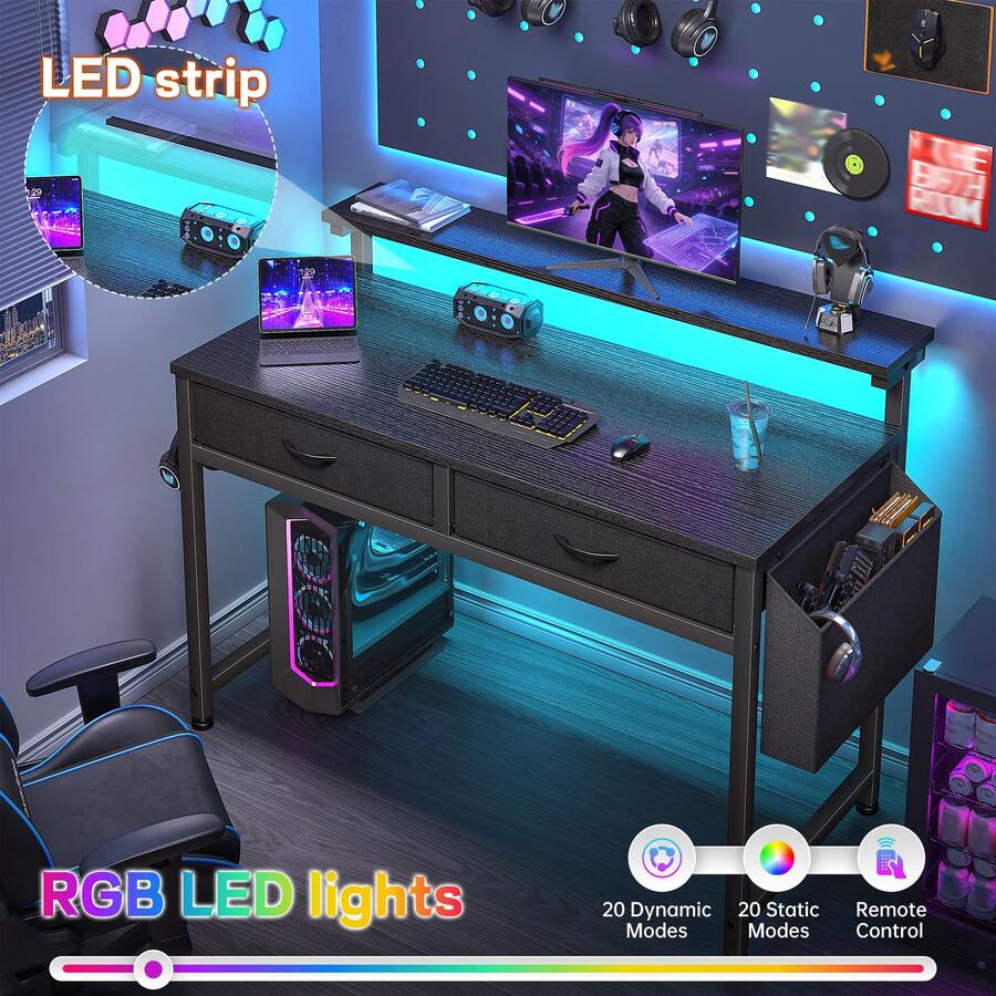 31.5 Inch Home Office Desk with LED Lights, Ergonomic Monitor Riser, 2 Fabric Drawers and Side Storage Pocket, Computer Desk for Bedroom & Workspace