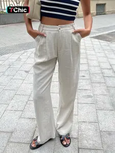 High-Waisted Linen Straight Leg Pants, Flattering Waist Coverage, Slimming Effect, Casual Long Trousers for Women