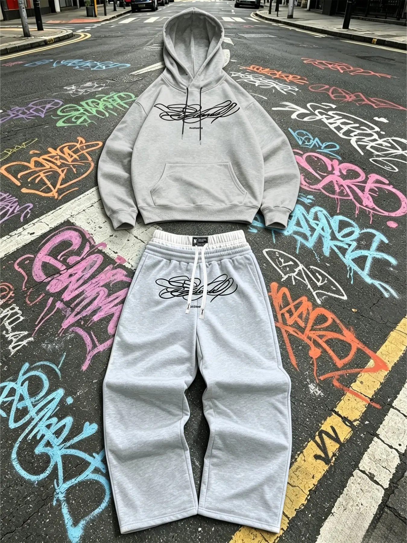 Men 2 Piece Graffiti Signature Print Tracksuit Black Oversized Hoodie & Wide Leg Jogger Matching Set, Hoodie Sweatsuit Set, Soft Heavyweight Fleece Wrinkle Resistant Loose Fit Hip Hop Skater Streetwear For Skateboarding College Campus Urban