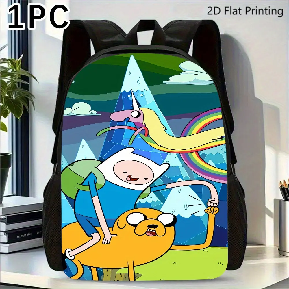 Cute Adventure Time Finn Jake Lady Rainicorn Cartoon Backpack, Colorful Mountain Rainbow Print Daypack, 600D Oxford Lightweight School Bag with Padded Straps, Fits 15-inch Laptop, Side Mesh Water Bottle Pockets, Washable Casual Backpack for Cartoon Fans T