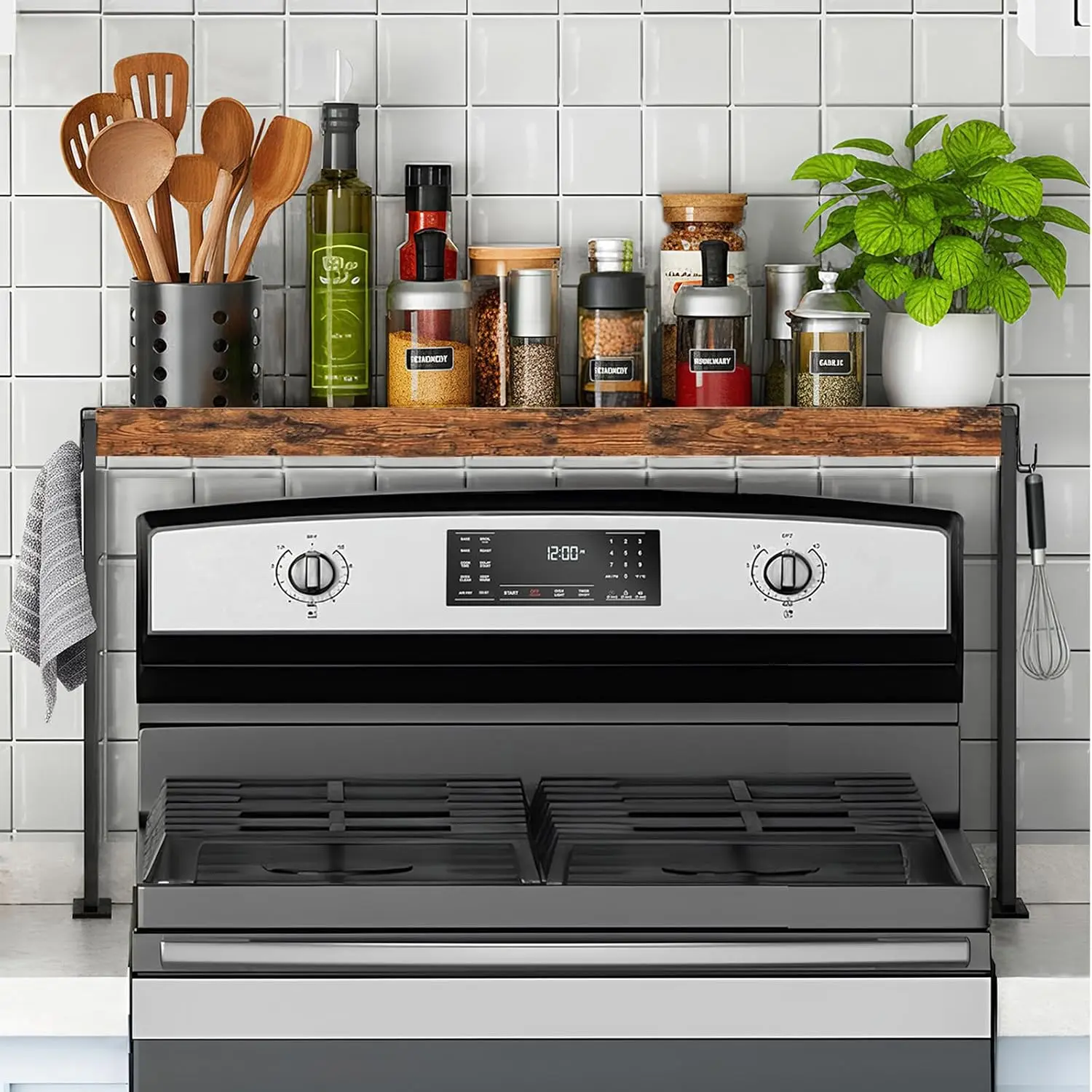 Over the Stove Shelf 26.9-inch(fit 24-inch stove) | 4-Level Adjustable Height (10.7-13.7"), Heat Insulation, Raised Railings, Anti-Slip Mats