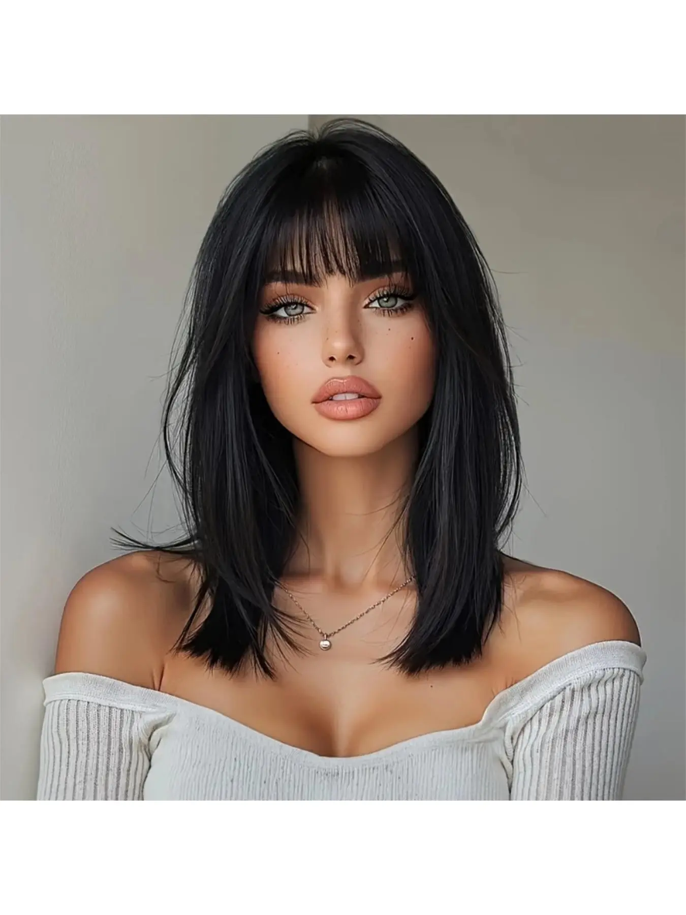 24-Inch Straight Bangs Wig, Heat-Resistant Synthetic Fiber, Rose Net Cap, Natural Hair, Elegant for Business Parties and Daily Wear, Hair Straight Wigs