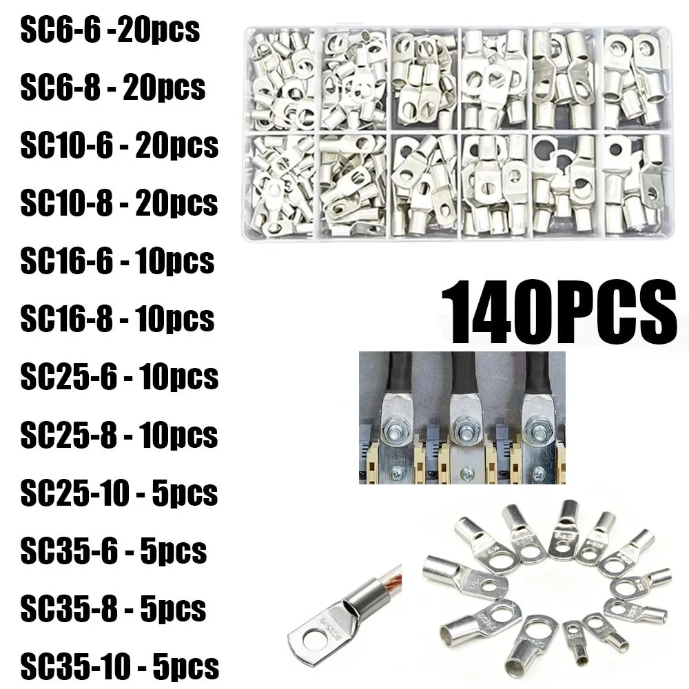 140pcs Non-Insulated Ring & Fork Terminal Connector Kit, Various U-Type Crimp Connectors, Quick Electrical Connection, Copper Wire Panel Mount Block, Solderless Connectors