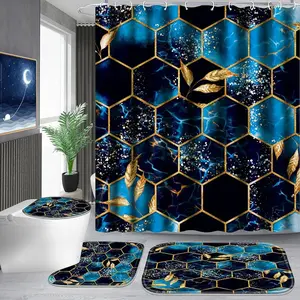 1/4 pcs sky blue honeycomb marble pattern shower curtain set, Decorative shower curtain, non-slip floor mat, U-shaped carpet, toilet lid cover, for bathroom decoration accessories, partition, free 12 shower curtain hooks