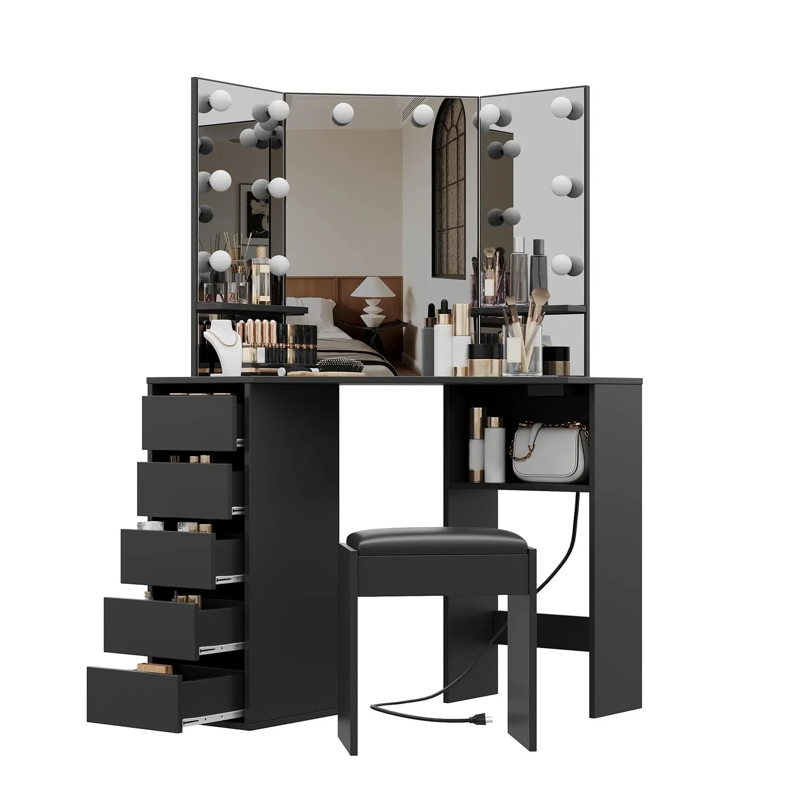 Brown Corner Vanity Desk with Mirror and LED Lights - Makeup Vanity Desk with 5 Drawers, Shelves, Stool - Ideal for Bedroom or Bathroom