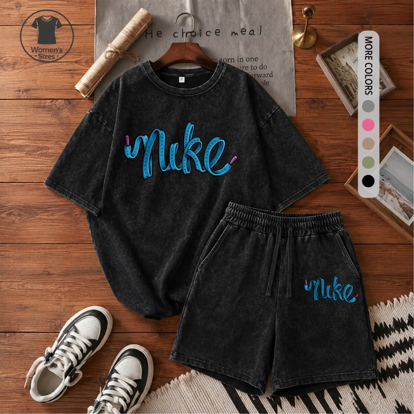 Women’s 100% Cotton Washed 2 Piece Set, Minimal Letter Graphic Short Sleeve T Shirt and Drawstring Shorts, Soft Breathable Casual Summer Lounge Outfit