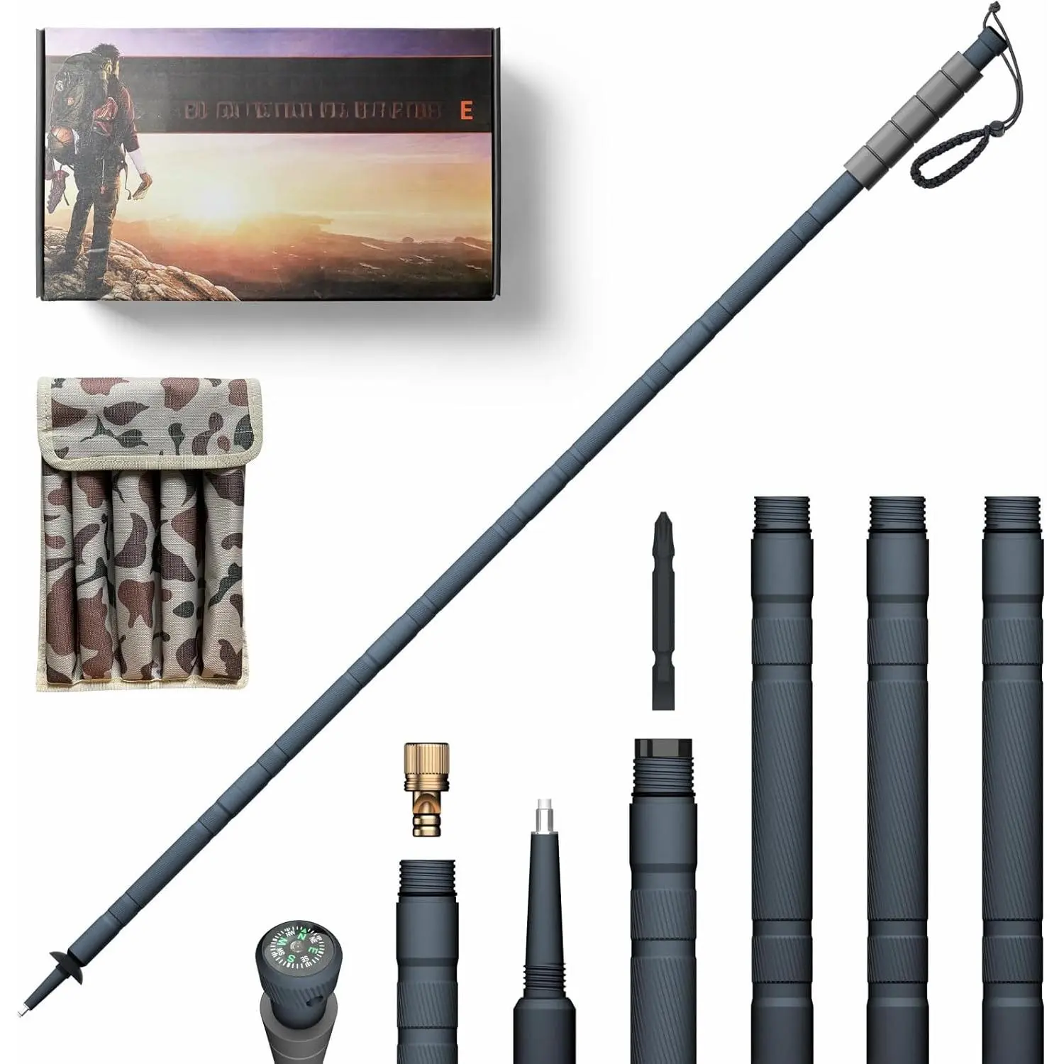 48" Modular Aluminum Tactical Hiking Stick – 6-Piece Walking Stick with Compass, Screwdriver & Whistle, Tungsten Tip, Carry Pouch  Trail, Travel & Everyday Walks