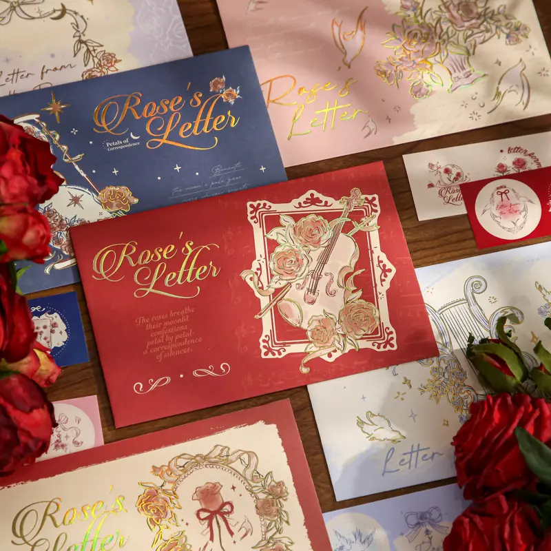 Rose's Letter Envelope Set - Wish Rose Themed Illustrated Envelopes with Stickers, Vintage Floral Stationery for Students, Love Letters, Scrapbooking & Gifts