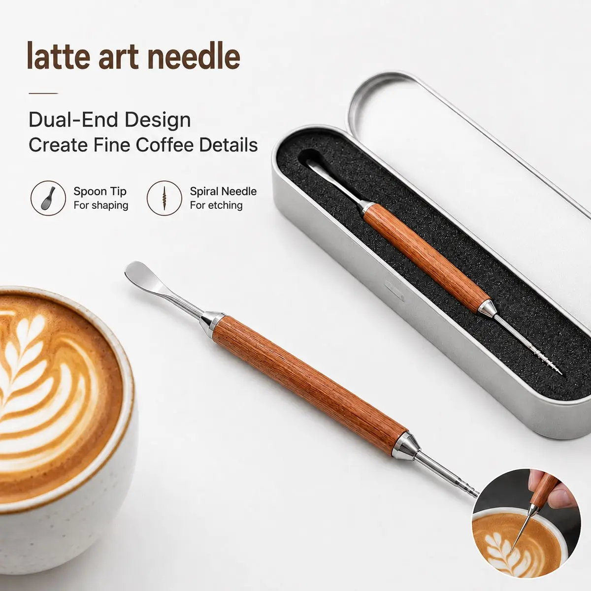 1pcs rosewood art coffee latte art needle suitable for cafes and restaurants, for professional baristas, latte art pen, 304 stainless steel latte art pen, professional coffee carving and decoration needle, suitable for latte, cappuccino, etc.