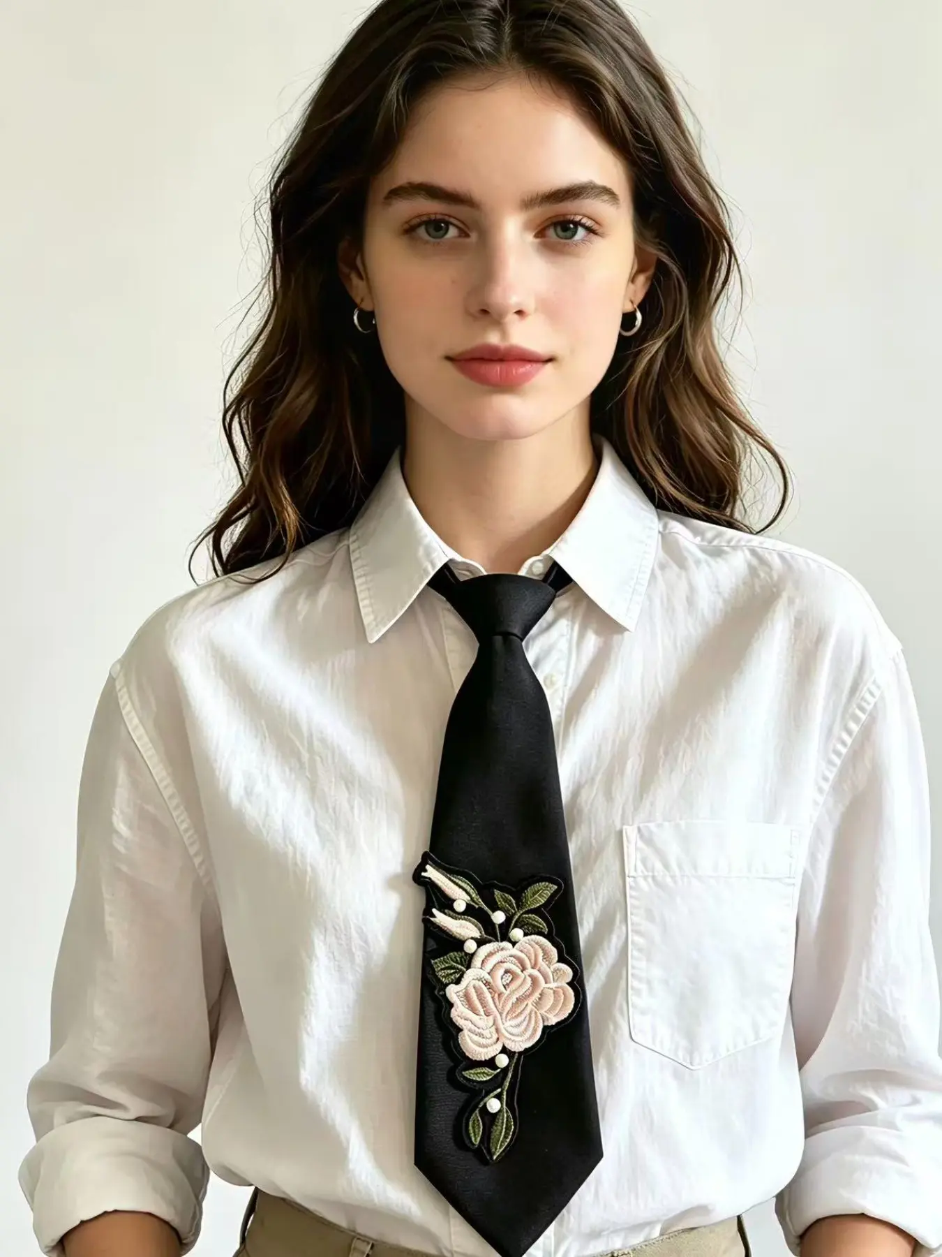 34cm Pre-tied Unisex Decorative Tie with Rose Embroidery Floral Embroidery Tie