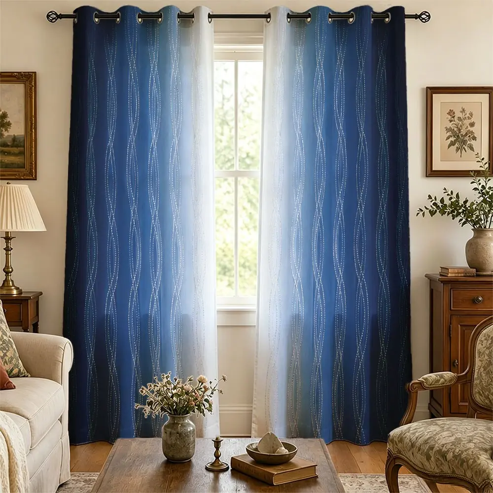 Gradient Navy Blue Silver Foil Abstract Geometric Blackout Curtains for Bedroom,84 Inches Length for Living Room Darkening, Blackout Window Cover Panels for Guest Room Grommet Top 2 Panels Home Decorative Curtain
