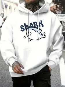 Adorable Shark Cartoon Hoodie, Asymmetrical Design, Long Sleeve Sweatshirt, Loose Fit, Fall & Winter Casual Wear, All over Print