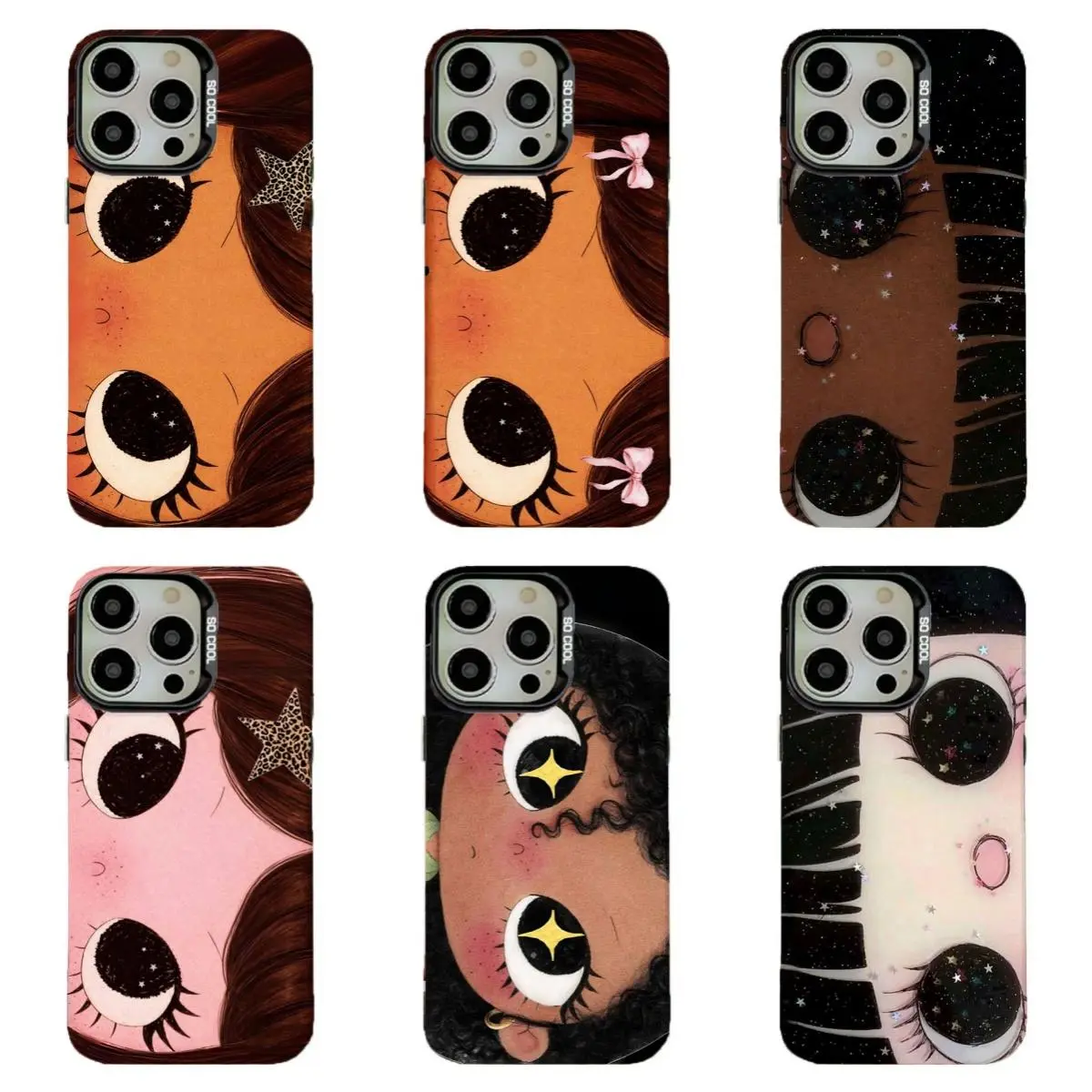 Cute Cartoon Big Eyes Girl Cellphone Case - 6 Styles, Whimsical Starry Eyes Aesthetic Protective Shockproof Accessory, Durable Cover for iPhone 11-17 and for Samsung S21-S25, Perfect Gift for Girls & Devices