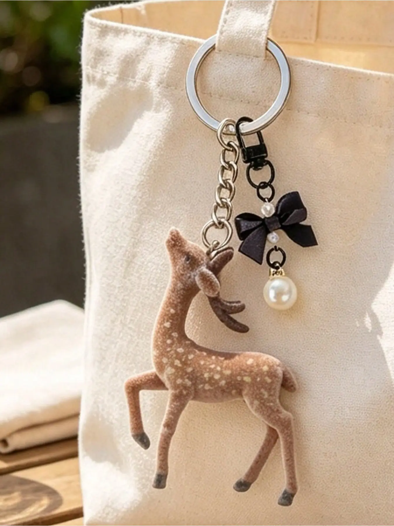 Cute Flocked Sika Deer Keychain with Bow Pearl Clasp, Fashion Bag & Car Key Charm, Animal Lover Accessory Gift for Women Girlfriend Best Friend, Present for Birthday Valentine’s Day Teacher’s Day Back to School Christmas Halloween