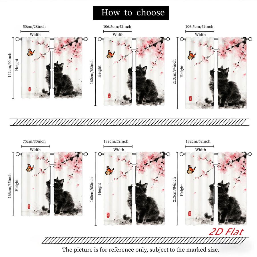 2Pcs Japanese Style Ink Painting Cat Butterfly Sakura Pattern Curtains Digital Printed Rod Pocket, Window Treatment For Bedroom Office Kitchen Living Room Study Home Decor