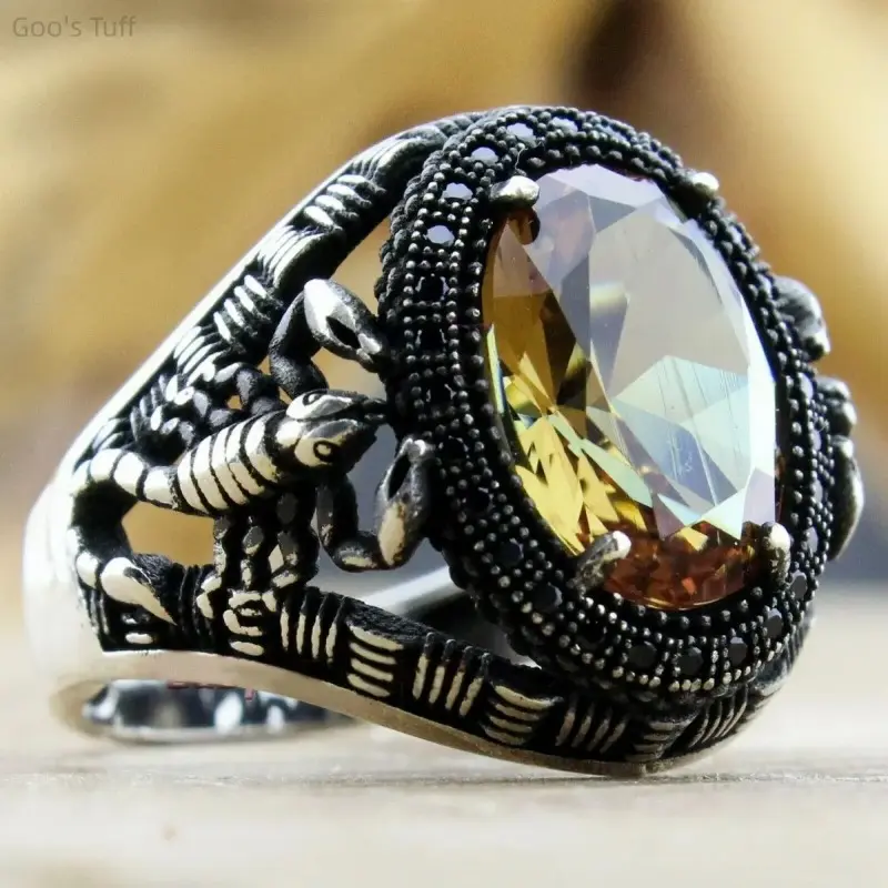 Gothic Punk Oxidized Band Ring with Scorpion Motif, Unisex Anti‑Tarnish Statement Jewelry Inlaid Yellow Zircon, Fashion Oxidized Band Ring