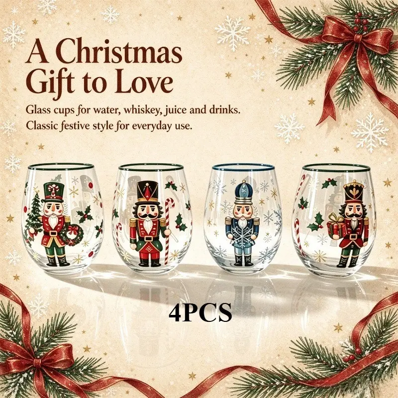 Nutcracker Stemless Wine Glasses Set of 4, Cute Holiday Drinking Cups, Christmas Table Decor, Xmas Gift for Women, Family Party Barware
