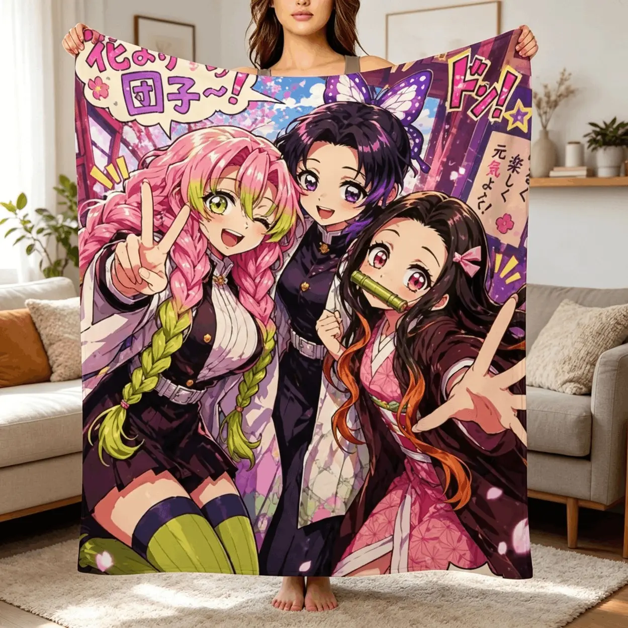 Demon Slayer Nezuko Shinobu Mitsuri Flannel Blanket Kids Blanket Adult Blanket Cute Sakura Anime Girls Print Soft Cozy Warm Throw For Anime Action Figures Fans Bedroom Couch Gift
