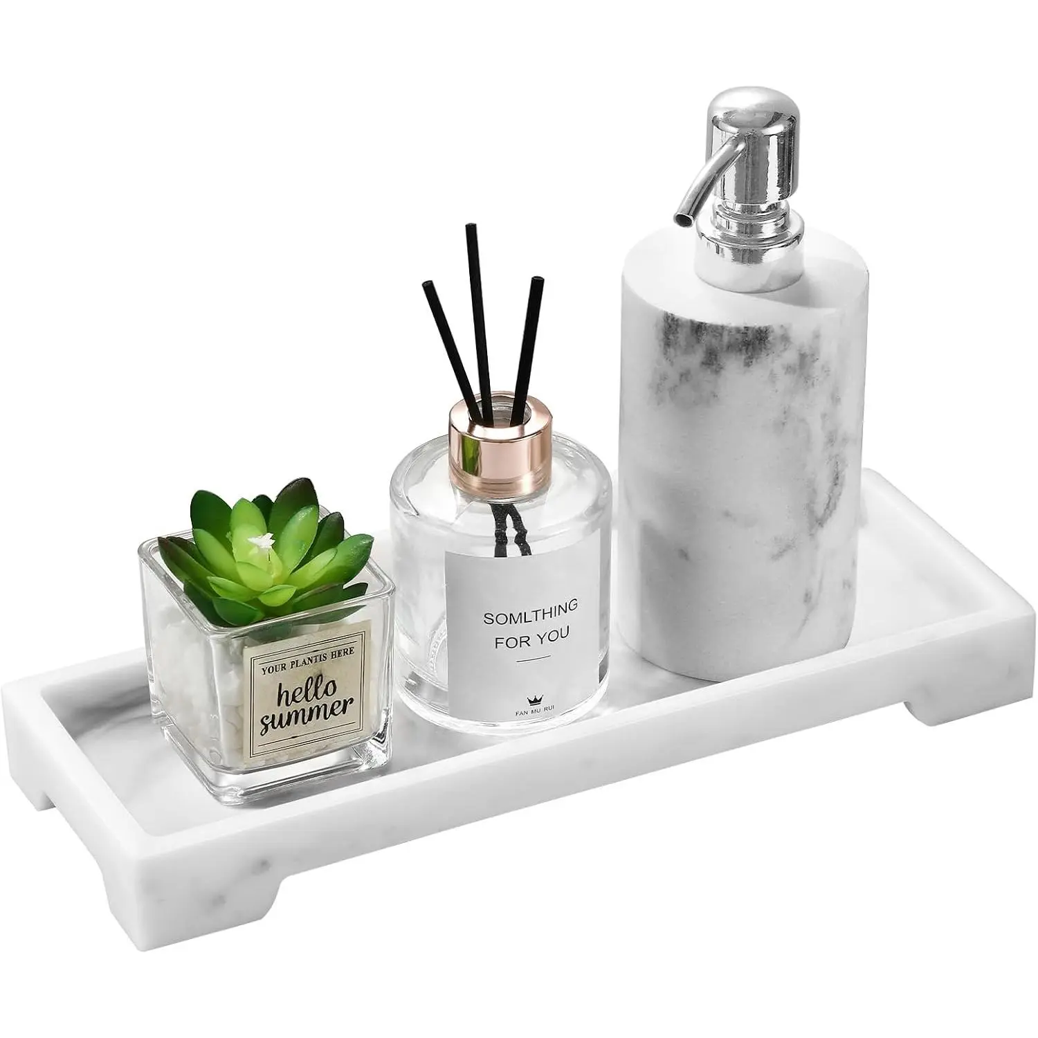 Marble Tray for Soap Dispenser Perfume , S, Marble White | 11 x 4 inch, non-slip  , easy wipe clean, fits bath kitchen , holds  toiletries soap