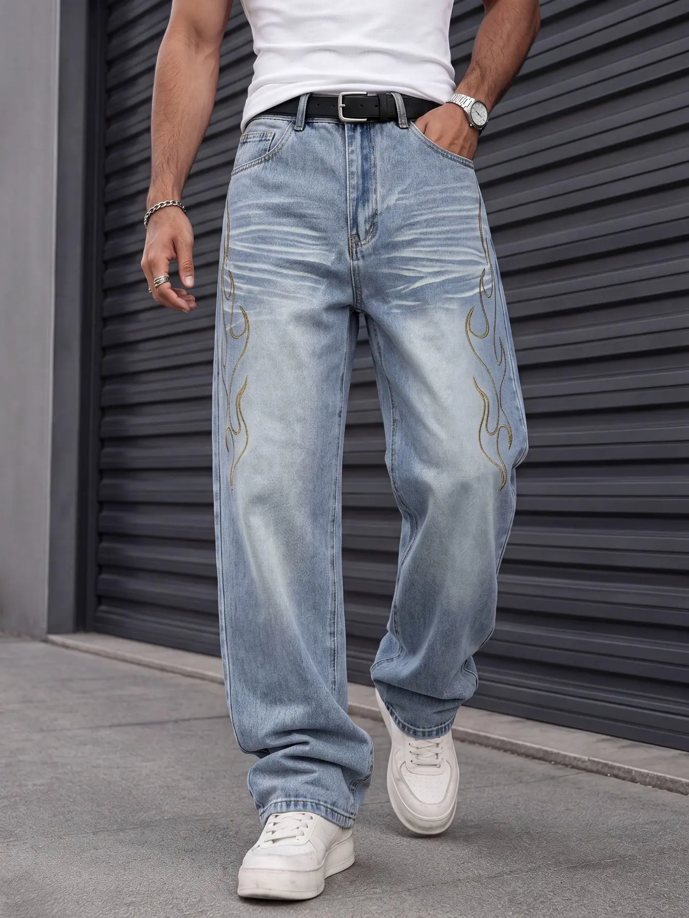 Men's light blue washed loose straight-leg denim pants, featuring a side flame pattern design, American Y2K street fashion style, a must-have for trendy men