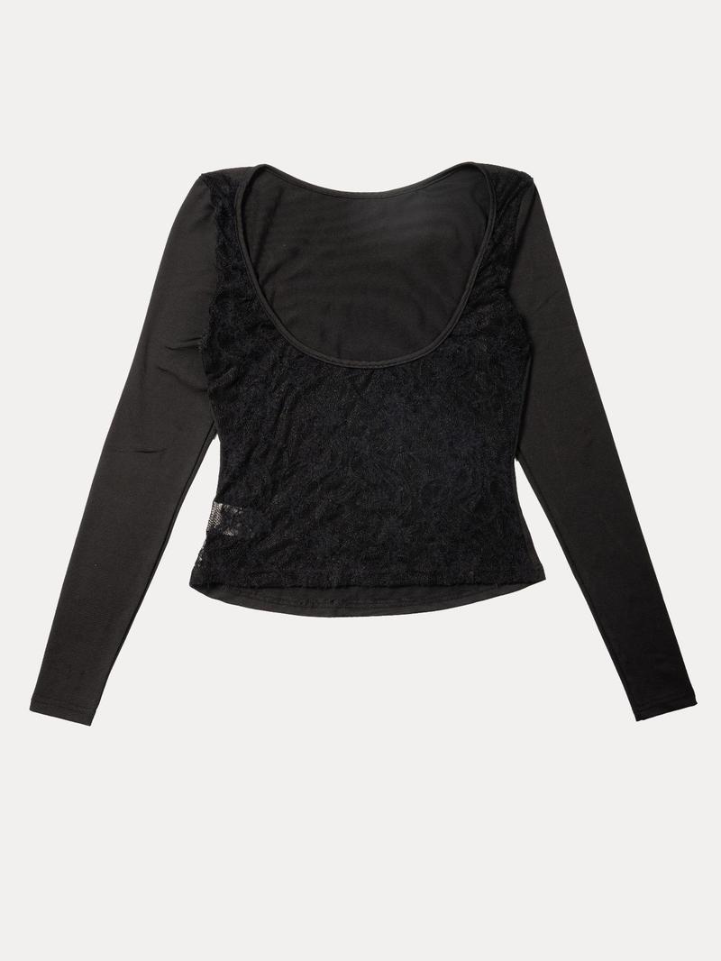 Women's Plain Contrast Lace Backless Tee, Elegant Fashion Casual Long Sleeve T-shirt for Daily Outdoor Wear, Ladies Clothes for Spring & Fall