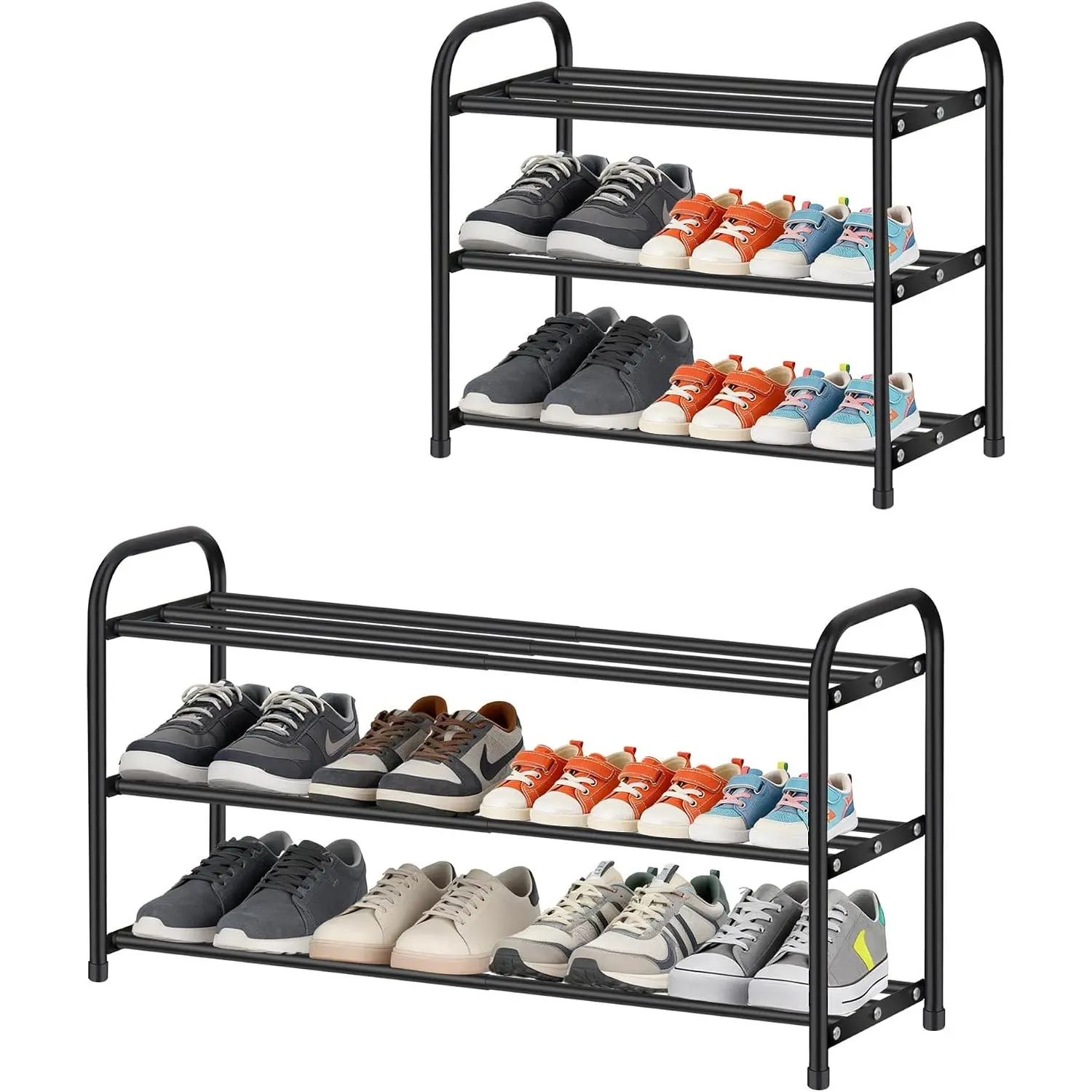 3 Tier Expandable Metal Shoe Rack for Closet, 18"-30" Wide, Black | Adjustable 18"-30" Wide fits Spaces, Stores 6-12 Pairs, Supports 33 lb in Small Closets, Entryways, Dorms and Apartment