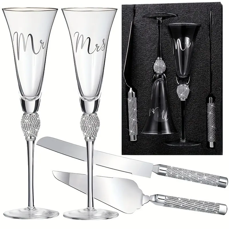 4Pcs/Set, Wedding Champagne Flutes With Mr and Mrs Letter, Wedding Cake Knife and Sever Set, Crystal Champagne Glasses Cake Pie Server for Bride and Groom, Cake Knife Cutting Set for Wedding, Great Gifts for Couple Anniversary Engagement Wedding