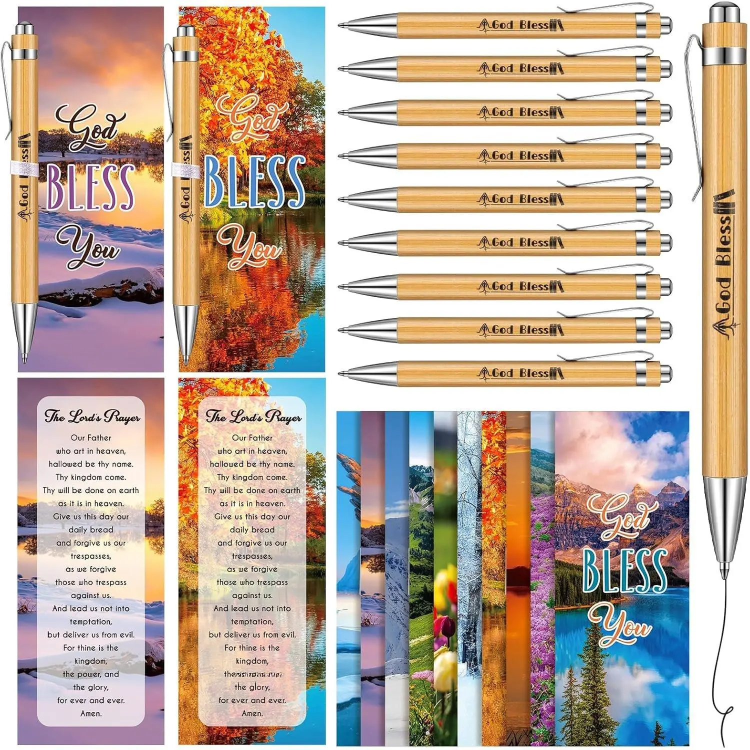 30 Sets Christian  Bulk God Bless  Pens with Religious Anniversary Cards and Ribbon Religious Ink Pens for Baptism Favors Colleague Office Church First Communion Favors(Landscape)