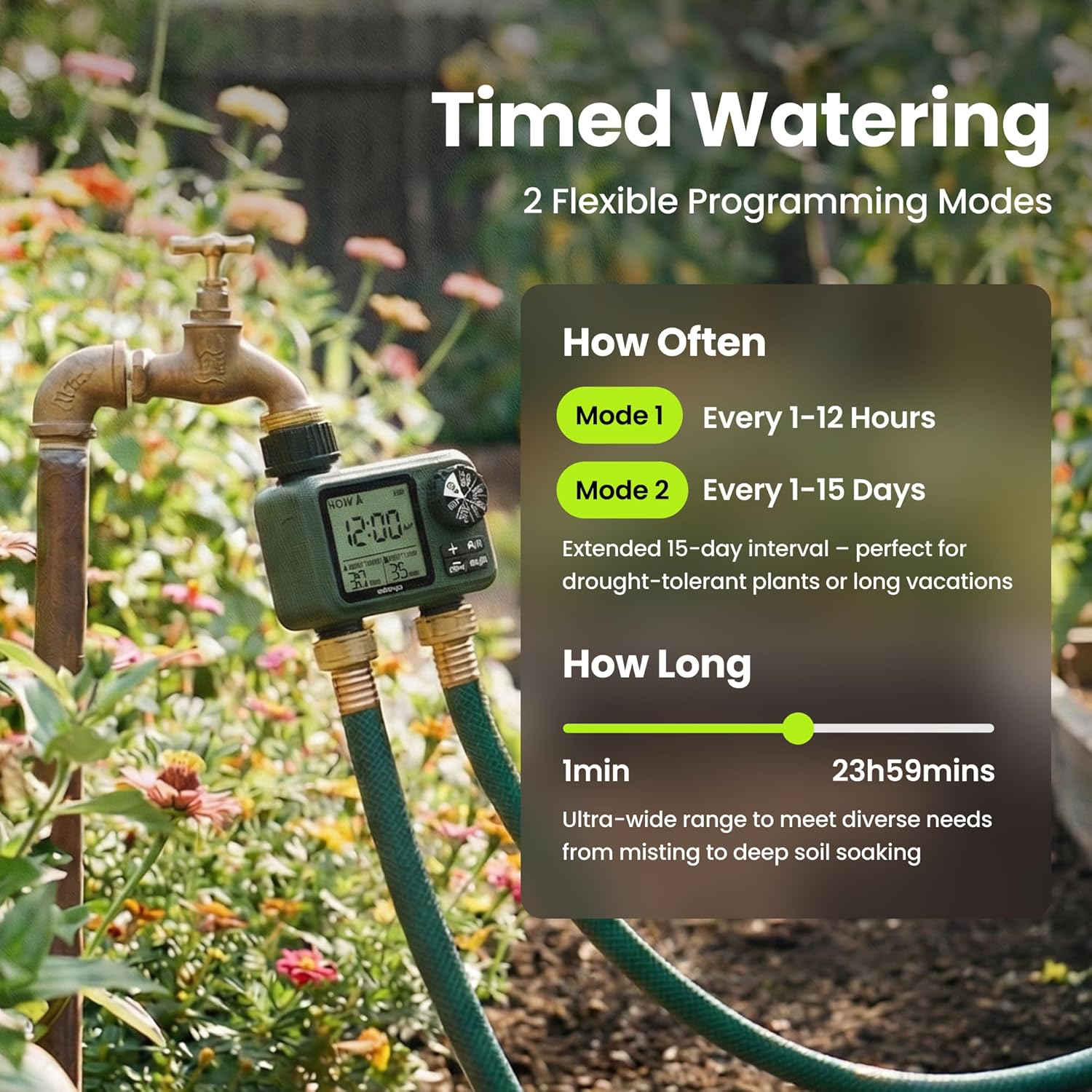 Sprinkler Timer for Garden Hose, Programmable 1 or 2 Outlet Controller with Self-Cleaning Valve, 15-Day Frequency, Large Dial, Rain Delay & Auto-Off, IPX5