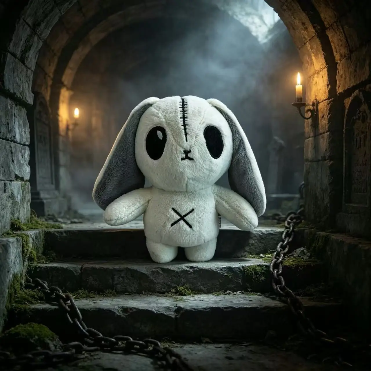 Spooky-Cute Stitched Bunny Plush Doll, Gothic Big-Ear Rabbit Stuffed Toy, Soft Fluffy Pillow Ornament, Halloween Party Decor, Birthday Gift