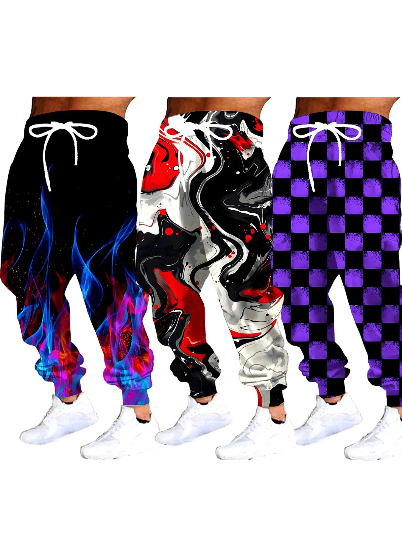 3-Pack Gradient Neon Fire Sweatpants, Fluid Art, Checkered Print, Casual Fitted Ankle-Length Pants for Men