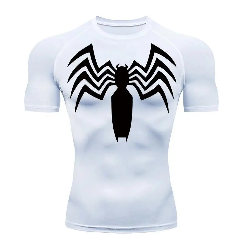 Spider Print Compression Shirts for Men Summer Short Sleeve Rash Guard Gym Workout Running Tshirt Athletic Quick Dry Tees Tops