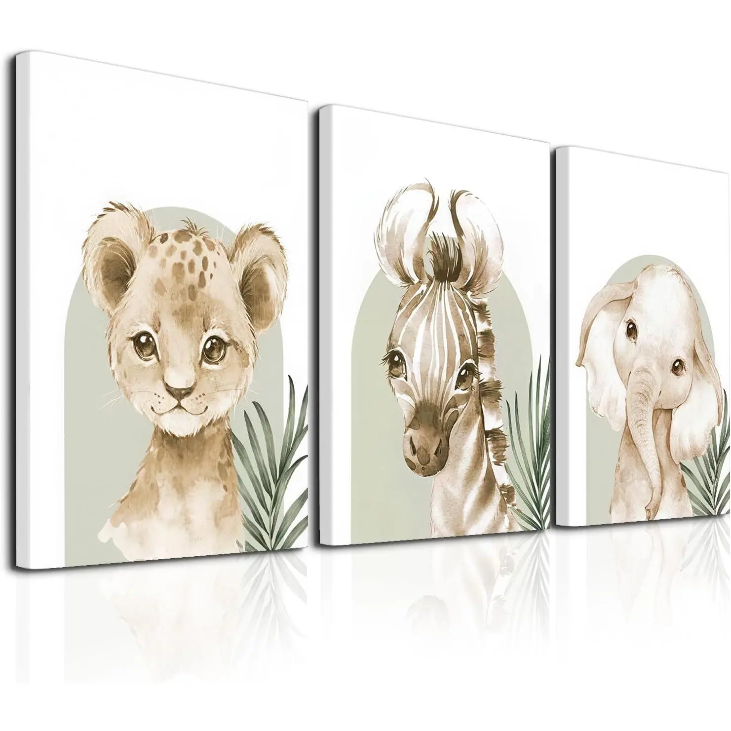 Safari Nursery Animal Wall Decor - Set of 3 Cute Animal Wall art Baby Pictures Poster Prints Jungle Nursery Decor Canvas Decoration for Baby Boys and Girls Room, Framed Wall Art16x24In