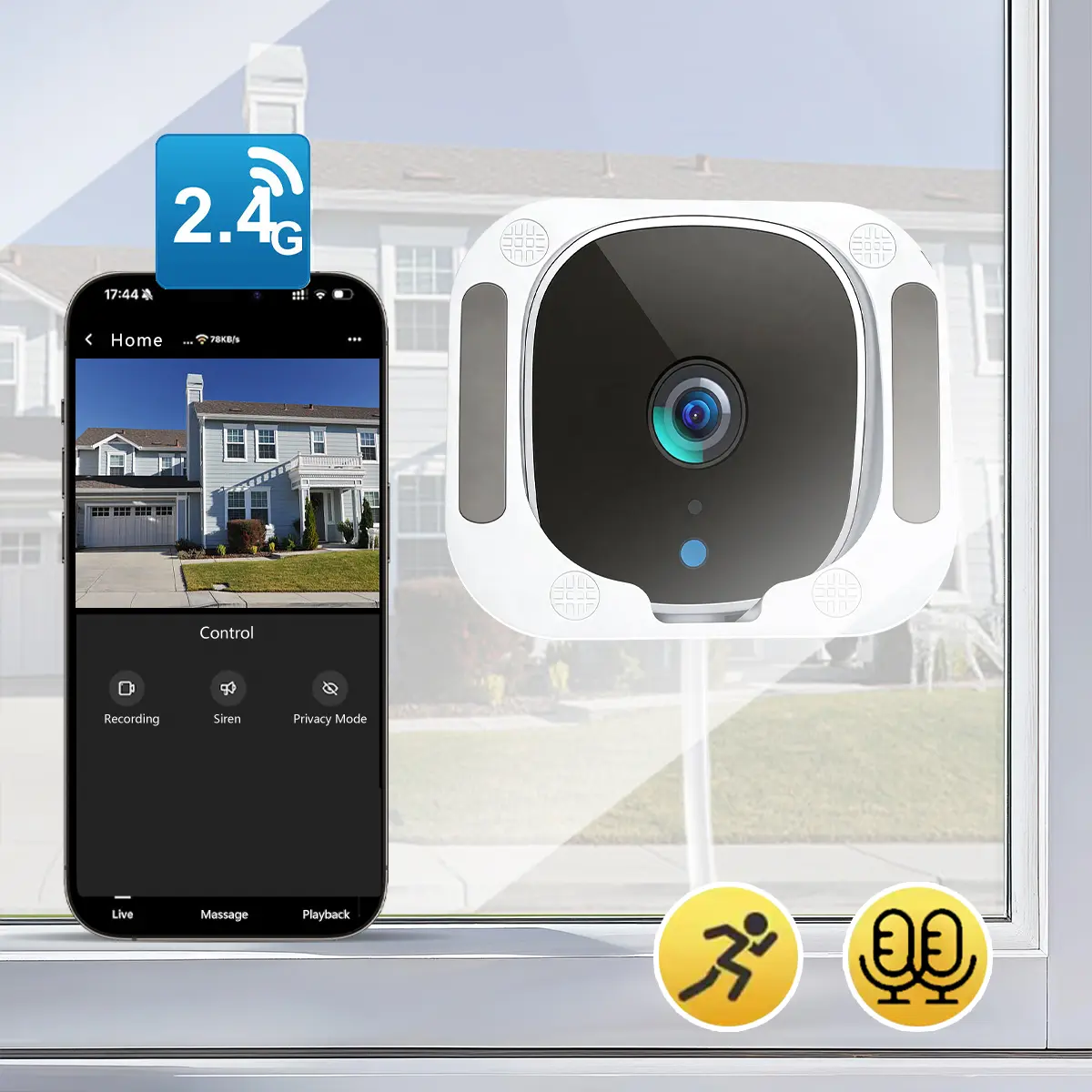 Wireless Window Camera, 2.4GHz WiFi Indoor Camera, Home Security Camera, Security Cameras WiFi, Two-Way Audio, Light Night, Motion Detection, Home Monitoring Camera for Front Door, Garage, Indoor Home Surveillance