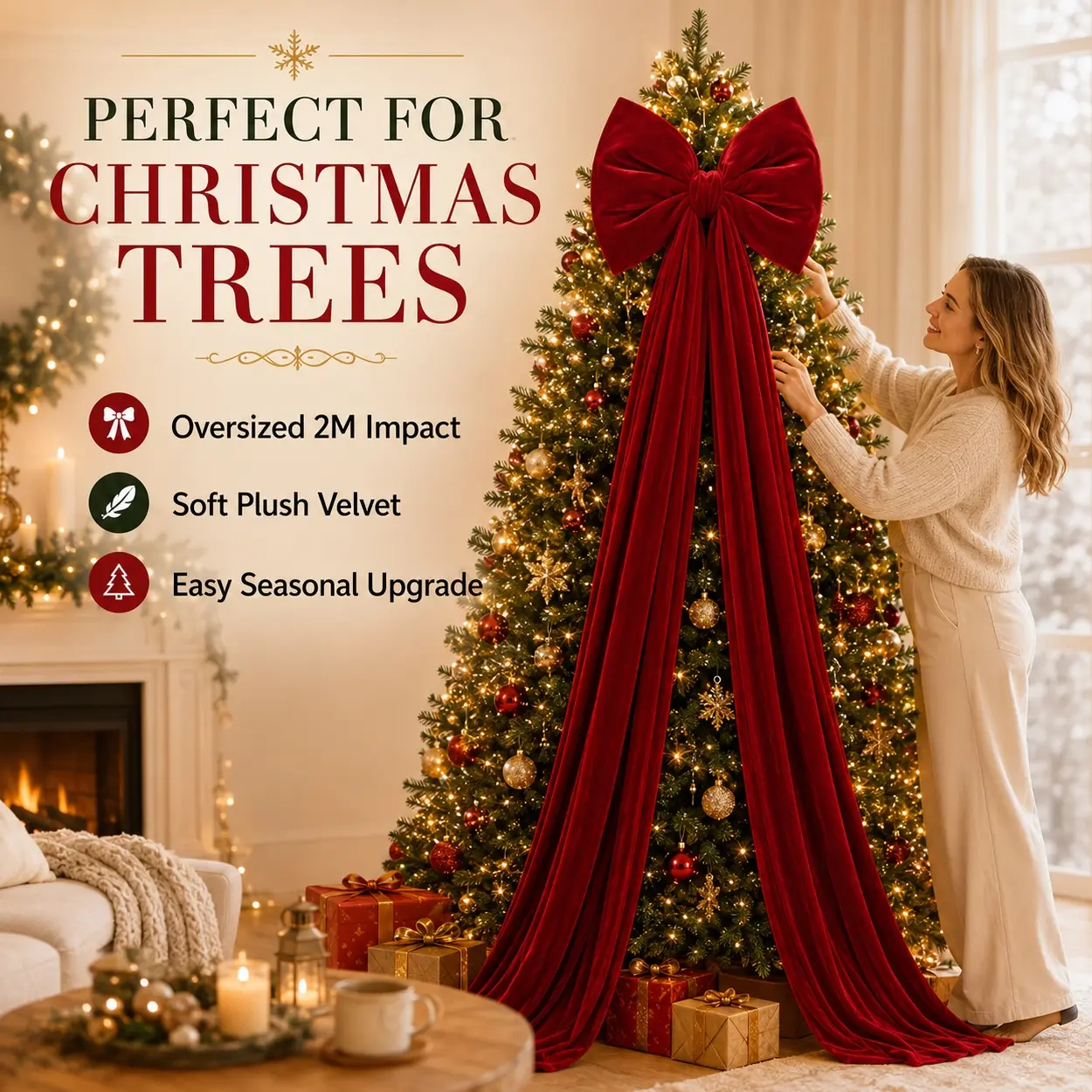 Oversized Giant Decorative Bow for Holiday Room Decor, 200cm Long Tail Velvet Ribbon Bow with Pre-Tied Structure, Statement Hanging Ornament for Christmas Tree, Window, Wall, Arch, Mantel, Home, Office, Wedding, Festival and Party Decoration