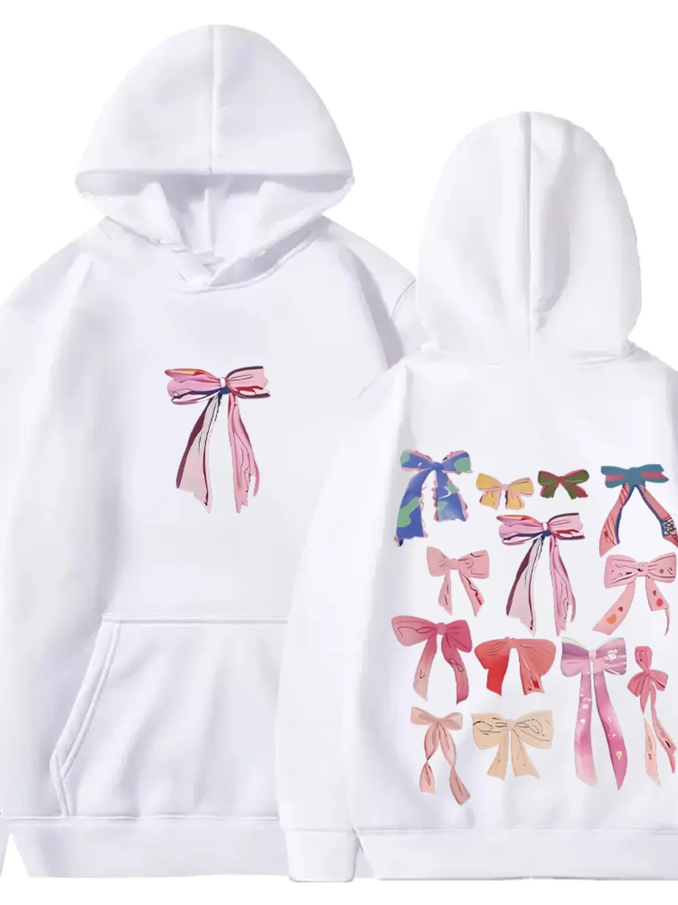 Trendy American Watercolor Bow Hoodie, Front Back Ribbon Bow Print, Loose-Fit Casual Top, All Seasons Wear