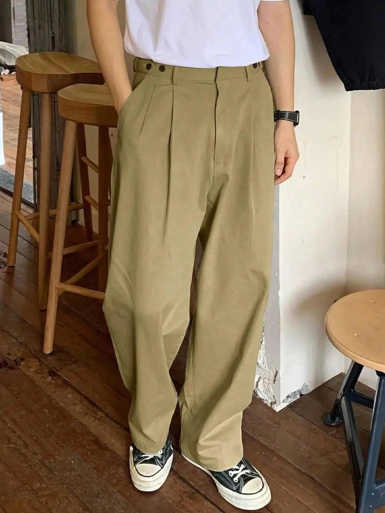 Men's Fashion Wide Leg Dress Pants, Adjustable Waist, Long Regular Fit, Casual Plain Style, Perfect for Streetwear and Campus