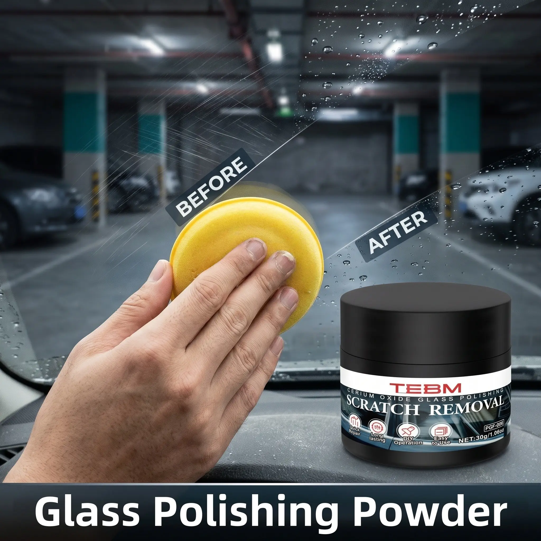 Cerium Oxide Glass Polishing Powder, Windshield Oil Film & Hard Water Spot Remover, Auto Glass Minor Scratch Repair Kit, Shower Glass Polishing Powder, Car Care Products