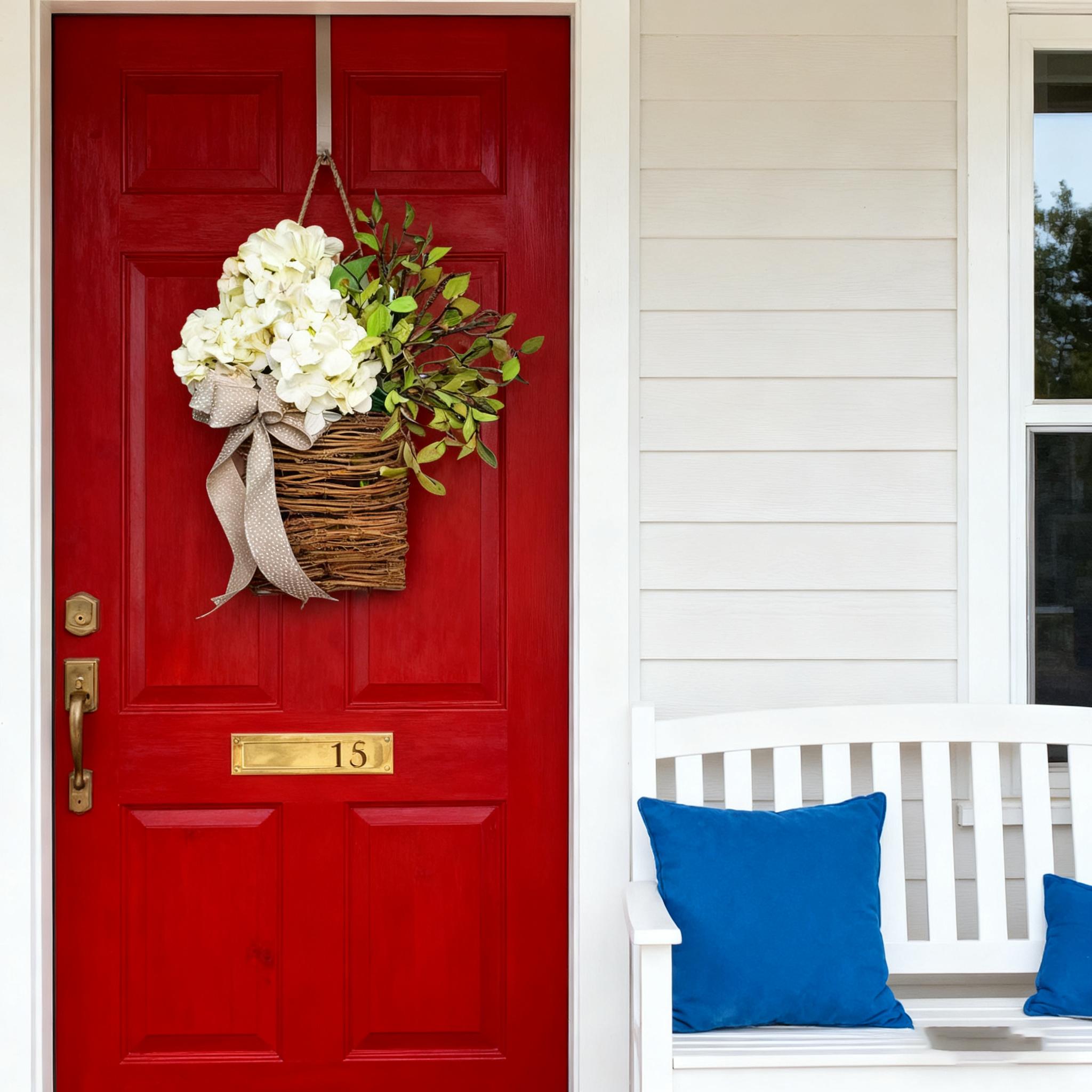 14" Cream Hydrangea Door Basket Wreath - Modern Farmhouse Floral Hanger for Front Door, Porch & Spring/Summer Aesthetic Home Decor Artificial Flower Bouquet Artificial Plants
