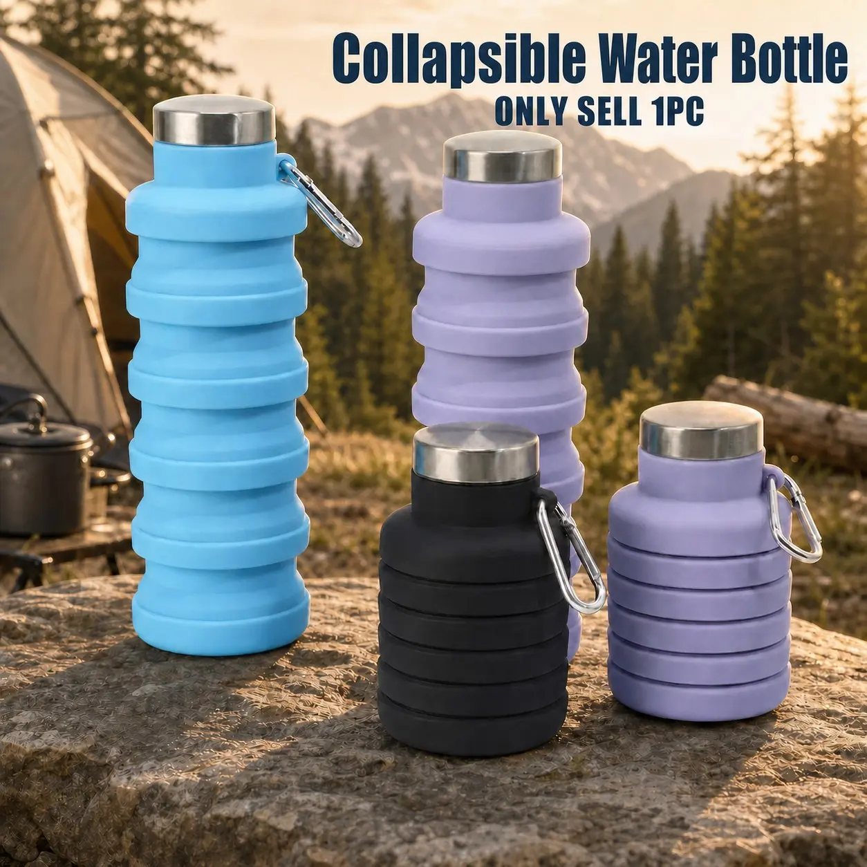 Portable Folding Cup 16oz – Collapsible Silicone Water Bottle, Leakproof BPA-Free Reusable Travel Mug with Carabiner, Lightweight Outdoor Sports Water Container for Camping Hiking Cycling Travel