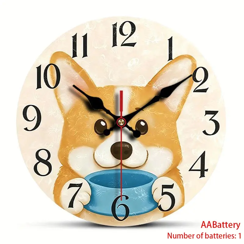 2D flat design. 1 piece set. Cute dry rice corgi creative wall clock, silent decorative wall clock, creative wall clock, suitable for bedroom, living room, office decoration, 25/30cm (excluding AA battery), 2D flat model