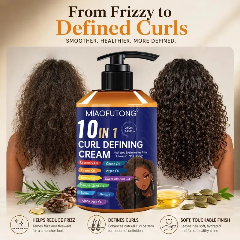 【New】10-in-1 Curl Cream – Moisturizing and Nourishing Formula that Defines Natural Curls, Reduces Frizz, Softens Dry Hair, Enhances Shine and Elasticity, Easy Styling for Smooth and Manageable Curls, Suitable for Men and Women