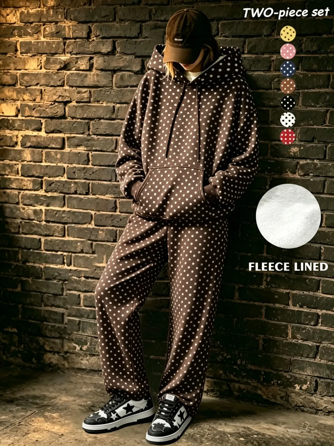 American Style Polka Dot Hooded Sweatshirt 2-Piece Set, Kangaroo Pocket, Drawstring Hood, Loose Fit, Fall & Winter, Unisex, Multiple Colors