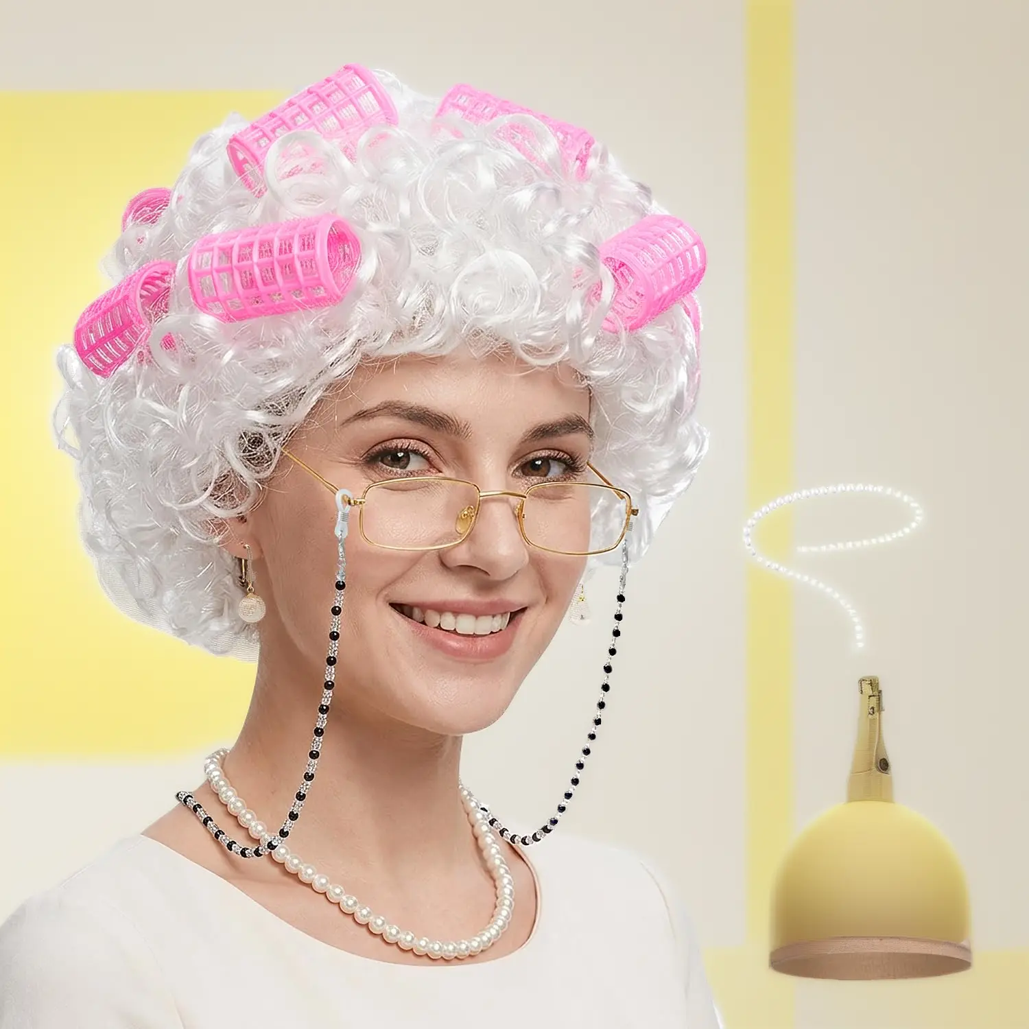 Old Lady Wig Costume for Women, 5 PCS Kids 100 Days of School Grandma Wig Costume Halloween Girls Adults Cosplay Accessories Set (White Curly), Classic Halloween
