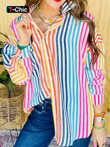 Women's Striped Print Button Front Collared Blouse, Womenswear Shirts, Casual Chic Fashion Long Sleeve Top for Daily Wear, Everyday, Chic Ladies Clothes for All Seasons, Classy Tops, Fit