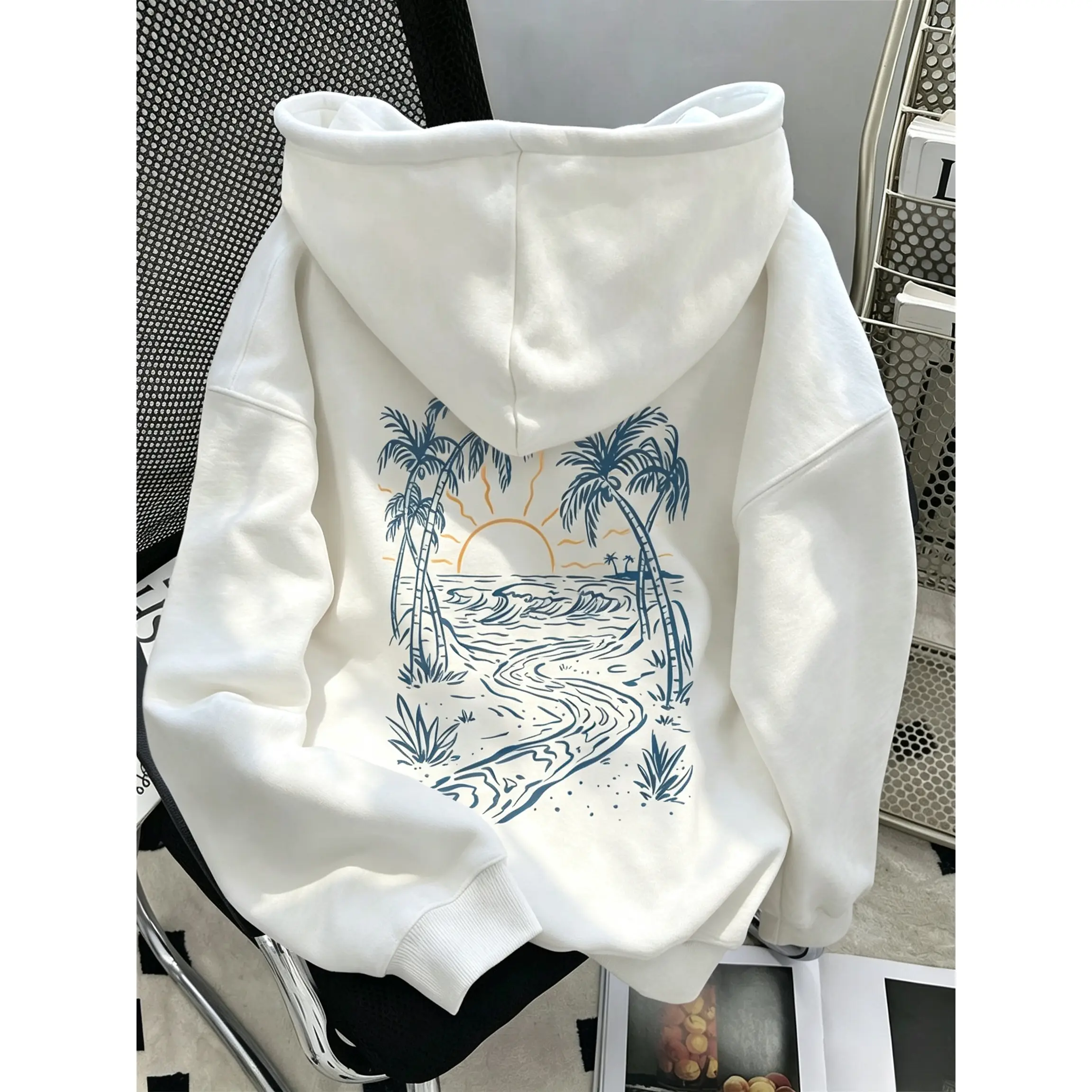 Women's Casual Loose Fit Palm Tree Print Long Sleeve Pullover Sweatshirt, Autumn Vintage Oversized Sunset Graphic Hoodie Men Women fall clothes hoodies gift winter party clothing unisex