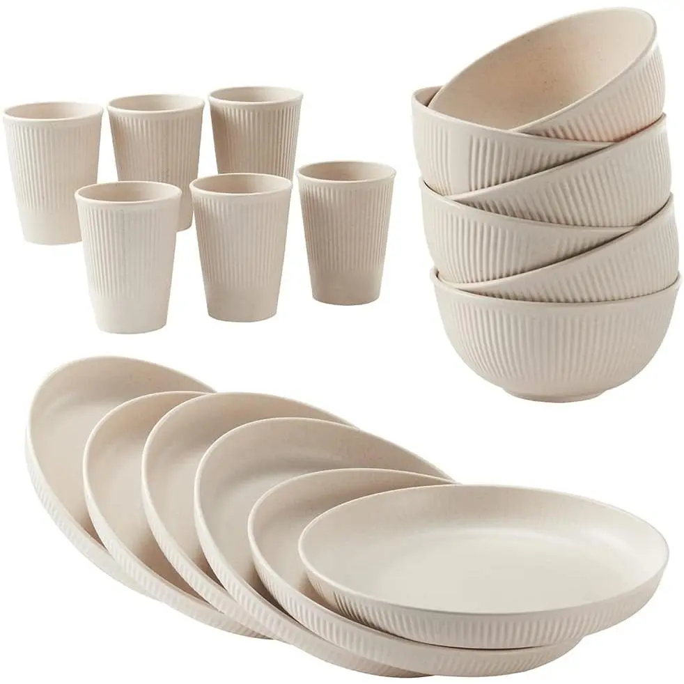 18pcs Wheat Straw Round Striped Tableware Set - Unbreakable, Reusable Polypropylene Dinnerware for Picnics, Kitchen Cups, Plates, Bowls - Dishwasher & Microwave Safe